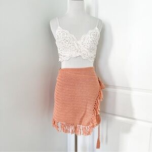 Lovers + Friends Peach Crochet Fringe Wrap Mini Skirt - Medium